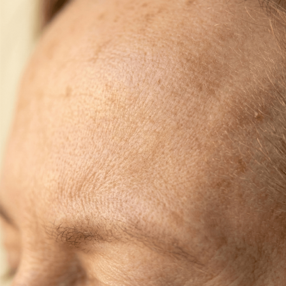 Close-up of dark spots and uneven pigmentation on the forehead, showing age-related hyperpigmentation that brightening skincare with active ingredients may help fade over time