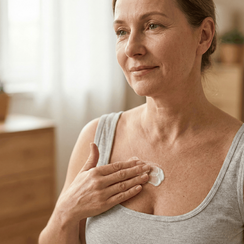 Woman in her 50s applying firming cream to the décolletage and chest area, daily skincare for crepey skin and loss of firmness during menopause