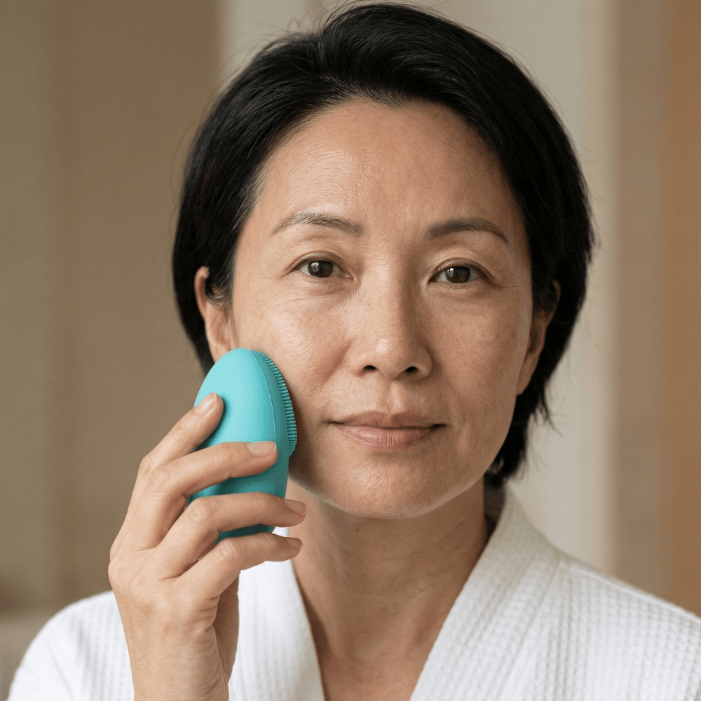 Woman using Genova GO Silicone Facial Cleanser along jawline as part of morning skincare routine, gentle silicone face cleansing device suitable for all skin types including mature skin