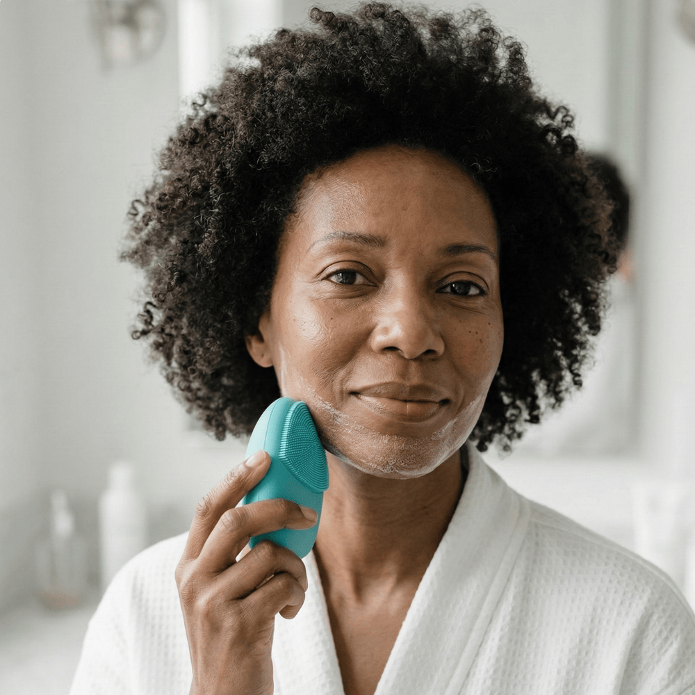 Woman cleansing face with Genova GO Silicone Facial Cleanser with foaming cleanser, deep pore cleansing device for women experiencing hormonal skin changes during menopause