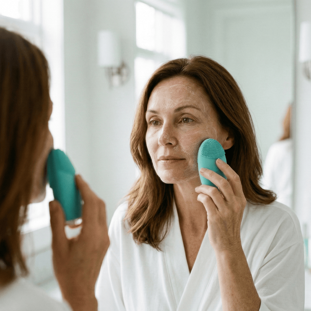 Woman using Genova GO Silicone Facial Cleanser in bathroom mirror, gentle silicone face cleansing brush alternative for evening skincare routine and makeup removal on mature skin