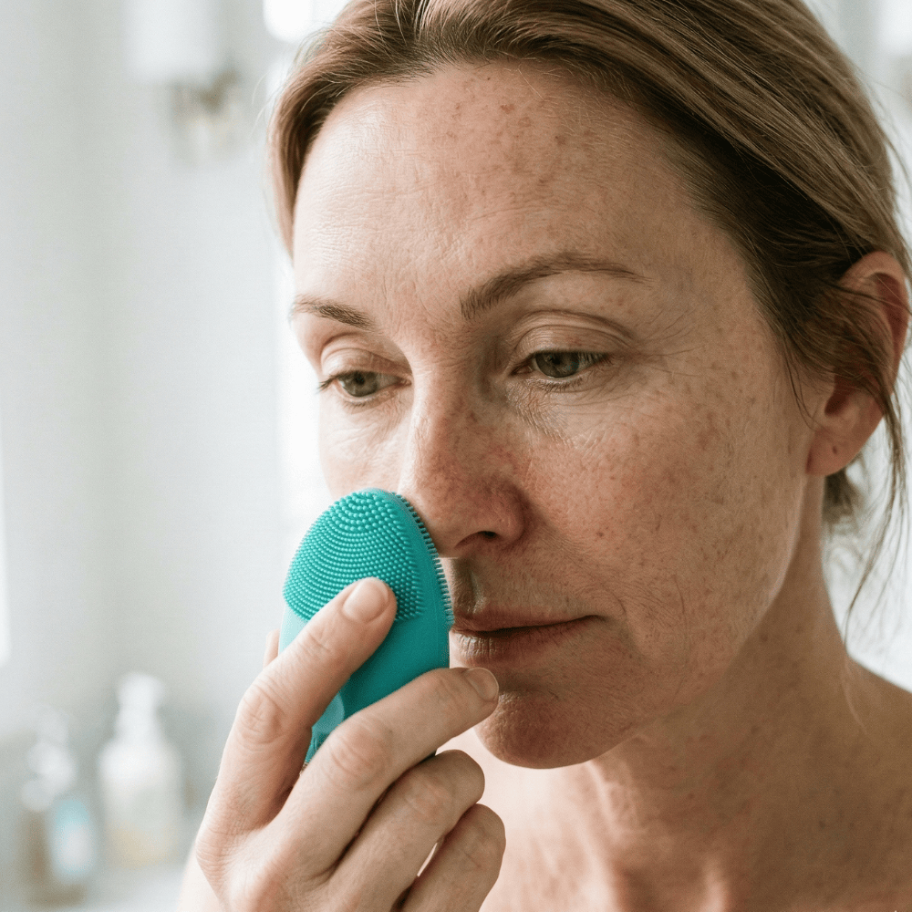 Woman gently cleansing face with Genova GO Silicone Facial Cleanser, soft vibrating bristles suitable for sensitive skin during perimenopause and menopause