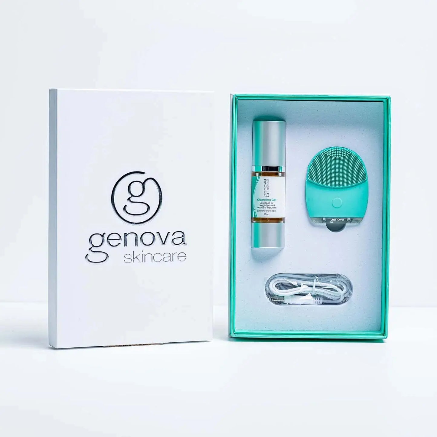Genova GO Silicone Facial Cleanser gift set in branded box including cleansing device, Cleansing Gel and USB charging cable, complete facial cleansing kit for mature skin