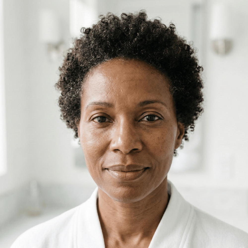 Woman with healthy glowing skin after using Genova GO Silicone Facial Cleanser, clean and refreshed complexion showing results of gentle daily facial cleansing routine