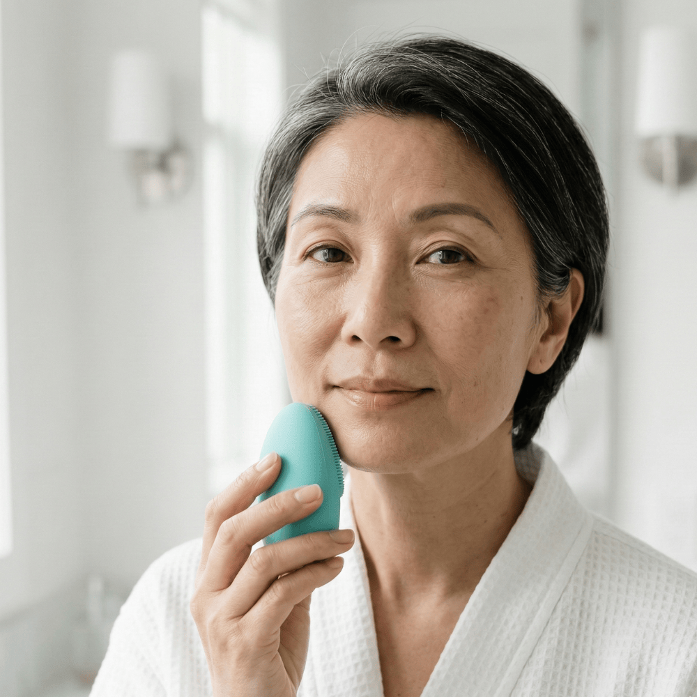 Woman using Genova GO Silicone Facial Cleanser on jawline, silicone face cleansing device to help improve skin texture and support anti-ageing skincare routine for mature skin