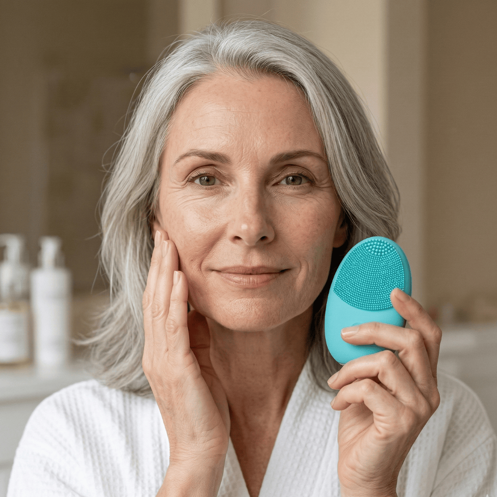 Woman holding Genova GO Silicone Facial Cleanser after cleansing, gentle vibrating face cleansing device designed for skincare routines for women over 50 with mature or ageing skin