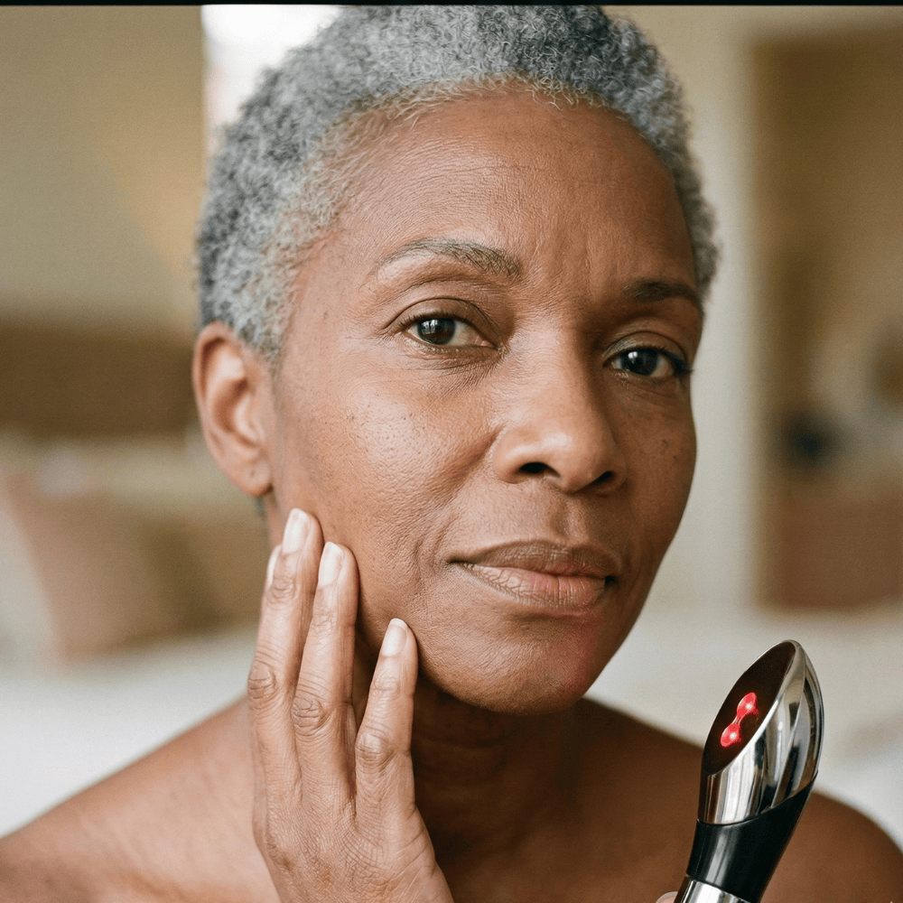 Woman with glowing healthy skin holding Genova Ion Applicator galvanic device with red LED light, nourished complexion after using at-home facial skincare device for post-menopause skin concerns