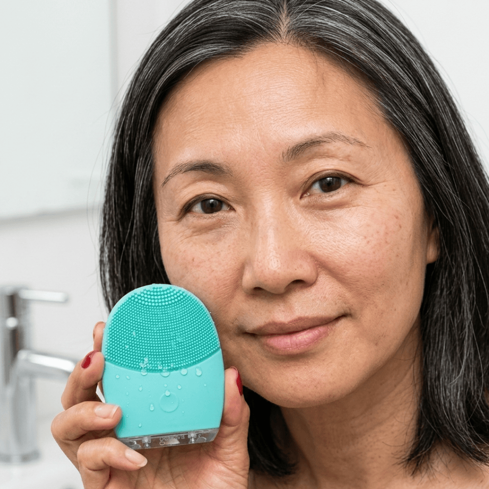 Woman holding Genova Personal Silicone Facial Cleanser after use, silicone face cleansing device to help improve skin texture and support anti-ageing skincare for women in their 40s and 50s