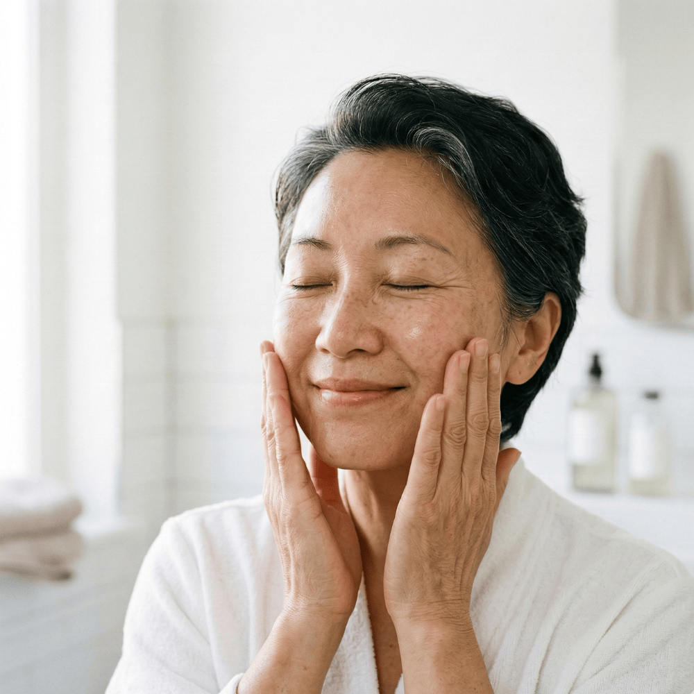 Woman with smooth refreshed skin after using Genova Personal Silicone Facial Cleanser, clean and hydrated complexion showing results of gentle daily facial cleansing for mature skin