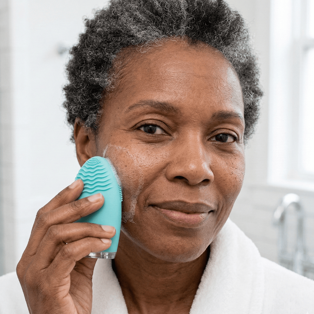 Woman using Genova Personal Silicone Facial Cleanser with cleanser on cheek, gentle silicone exfoliation to help boost circulation and brighten dull mature skin during menopause