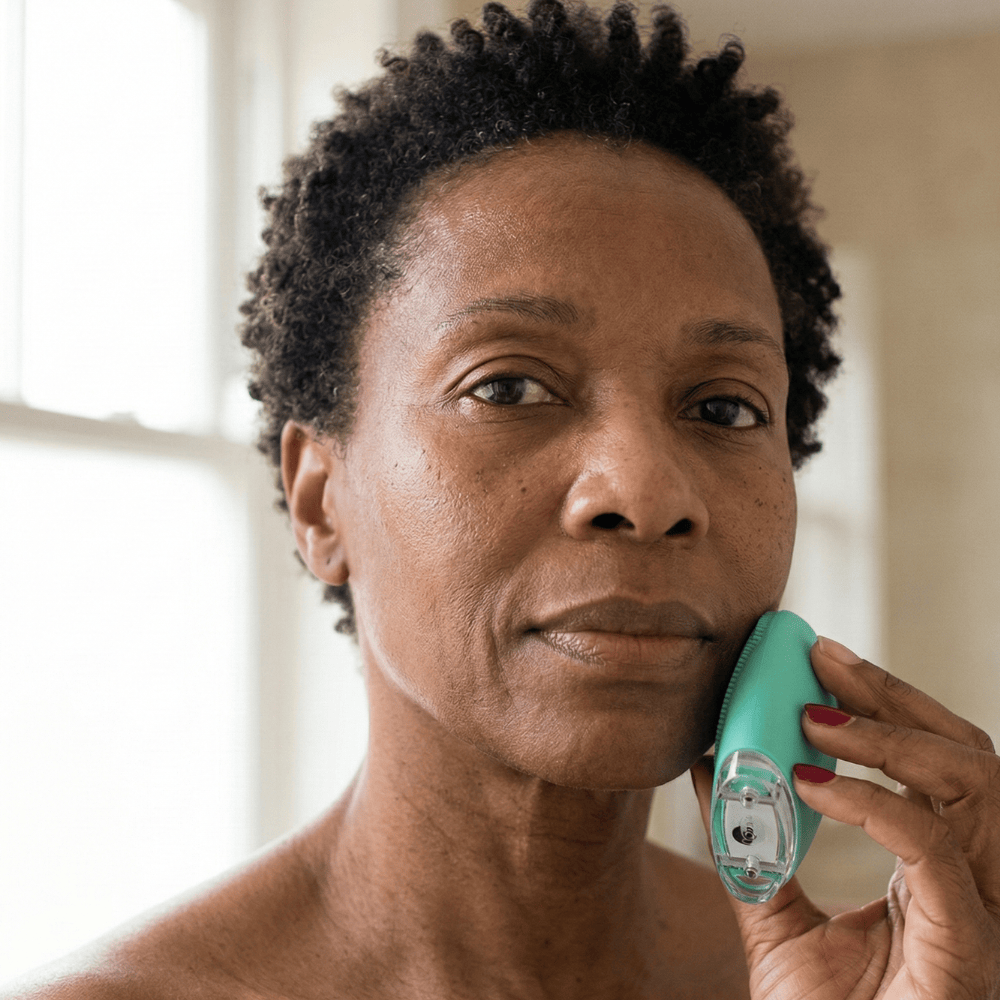 Woman using Genova Personal Silicone Facial Cleanser along jawline, gentle vibrating silicone face cleansing device for women over 50 suitable for all skin types and tones