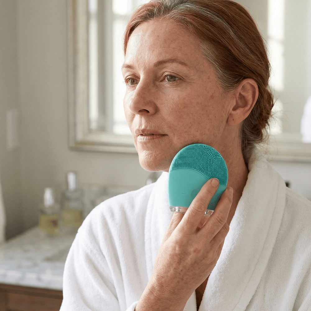 Woman using Genova Personal Silicone Facial Cleanser along jawline and neck area, gentle silicone face cleansing device to support skincare routine targeting collagen loss and skin laxity during menopause