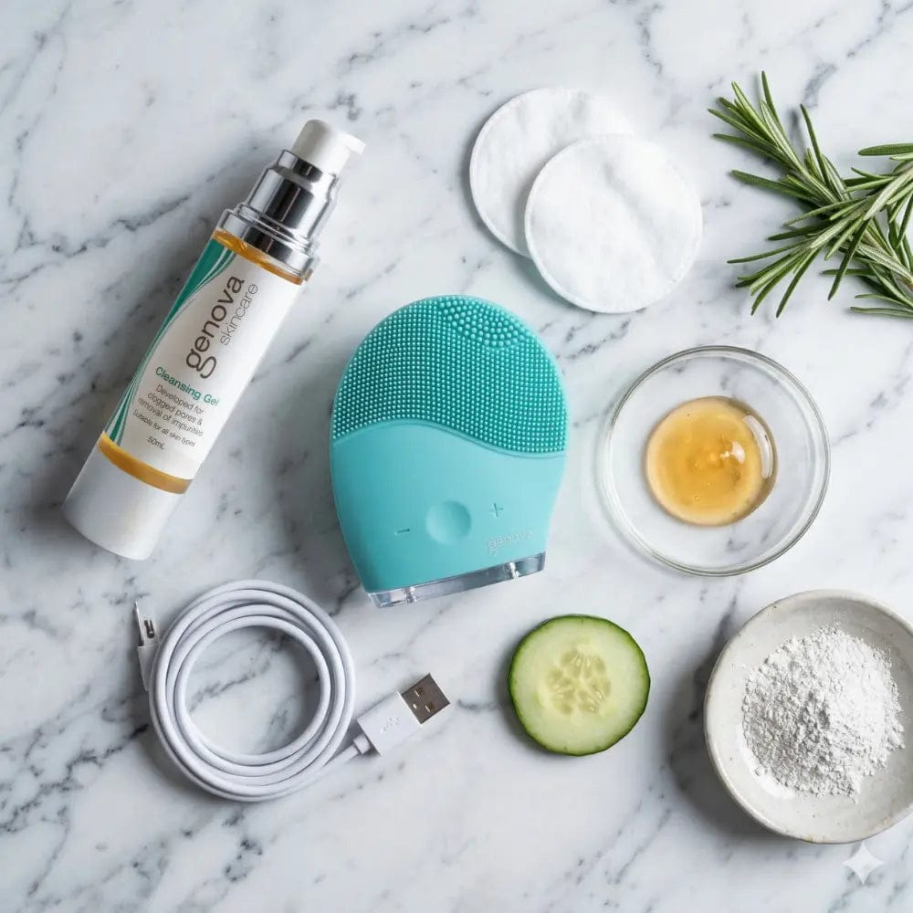 Genova Personal Silicone Facial Cleanser flat lay with Cleansing Gel, USB charger, cotton pads and natural skincare ingredients on marble, rechargeable face cleansing device for a gentle natural skincare routine