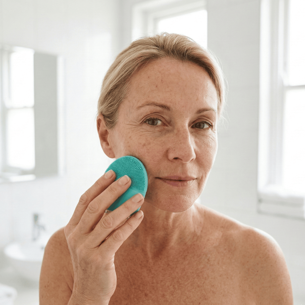 Woman using Genova Personal Silicone Facial Cleanser on cheek, gentle silicone face cleansing device designed for sensitive dry skin without irritation, ideal for menopausal skin that has become more reactive