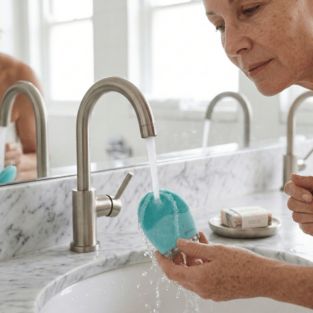 Woman rinsing Genova Personal Silicone Facial Cleanser under tap water after use, waterproof and easy to clean silicone device requiring low maintenance compared to traditional face cleansing brushes