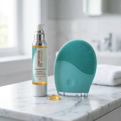 Genova Personal Silicone Facial Cleanser and Cleansing Gel on marble surface, dual-speed vibrating face cleansing device for deep pore cleansing on mature and menopausal skin