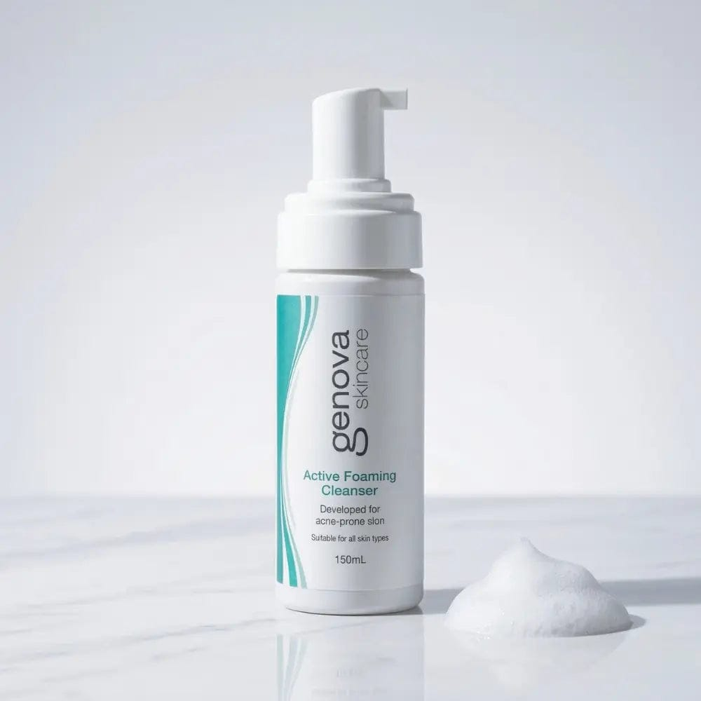 Genova Active Foaming Cleanser 150ml pump bottle on marble surface with foam texture swatch, gentle foaming cleanser for acne-prone and menopausal skin