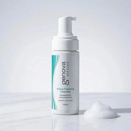 Genova Active Foaming Cleanser 150ml pump bottle on marble surface with foam texture swatch, gentle foaming cleanser for acne-prone and menopausal skin