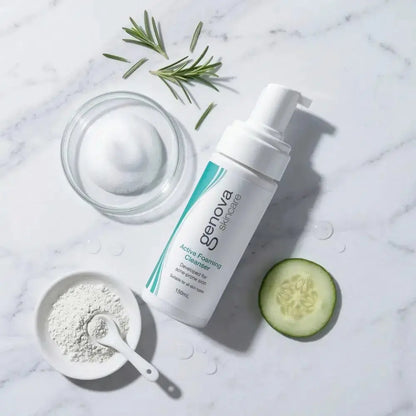 Genova Active Foaming Cleanser 150ml flat lay on marble with rosemary, cucumber, kaolin clay and foam, Australian foaming cleanser for acne-prone and sensitive skin