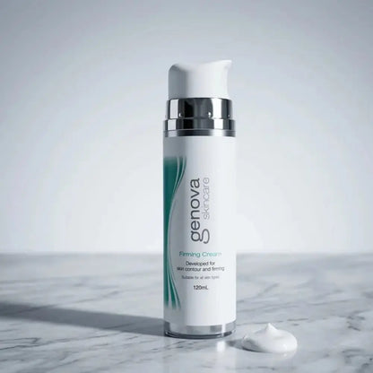 Genova Firming Cream 120ml airless pump bottle on marble surface, firming and contouring cream for menopausal skin
