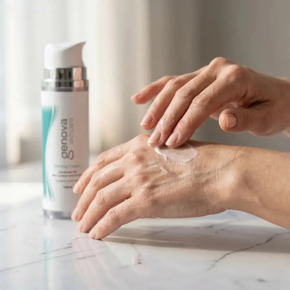 Applying Genova Firming Cream to mature hands showing lightweight texture, daily firming moisturiser for crepey skin and loss of elasticity