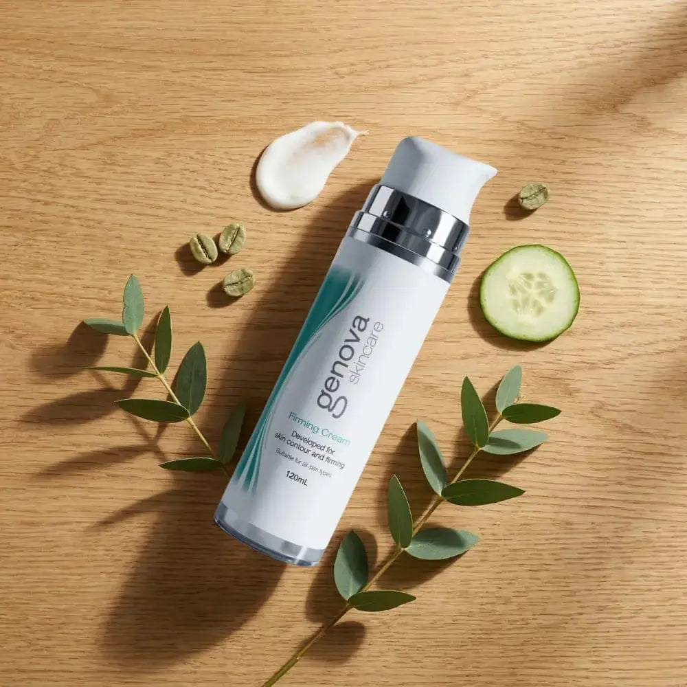 Genova Firming Cream 120ml flat lay on timber with eucalyptus and cucumber, Australian-made skin firming cream for loss of elasticity