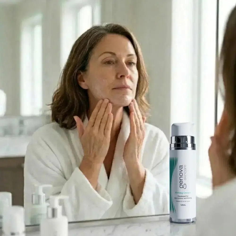 Woman in her 50s applying Genova Firming Cream to the neck and jawline in the mirror, daily skincare routine for menopausal skin firmness and contouring