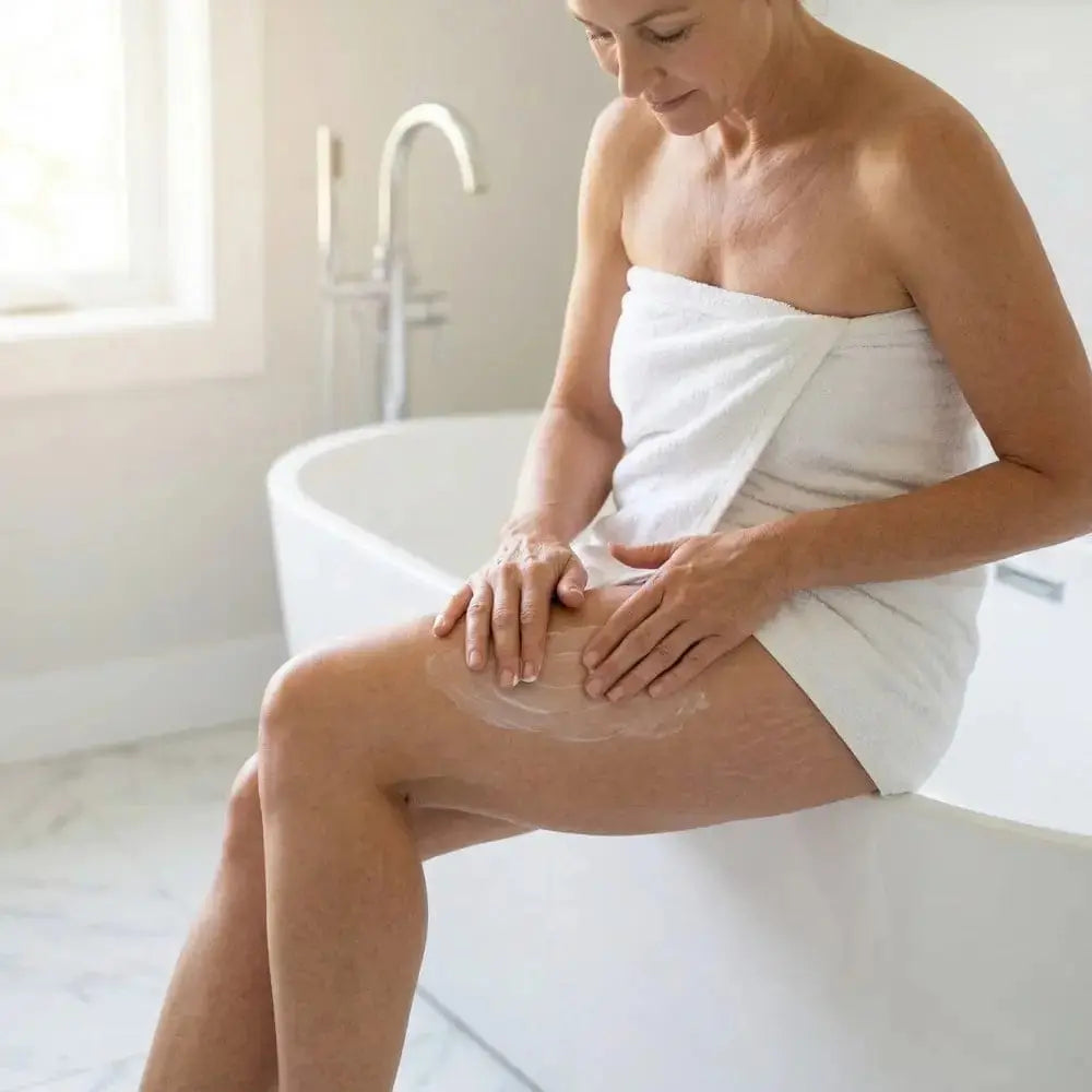 Woman applying stretch mark cream to her thigh after bathing, showing daily use of Genova Stretch Mark Cream on legs for smoother skin texture