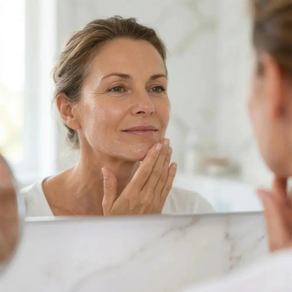 Mature woman applying blemish treatment to jawline while looking in bathroom mirror as part of her daily breakout care routine