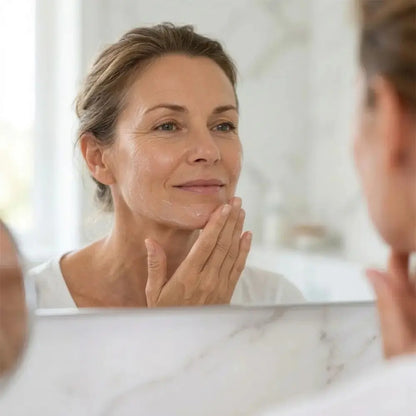 Mature woman applying blemish treatment to jawline while looking in bathroom mirror as part of her daily breakout care routine