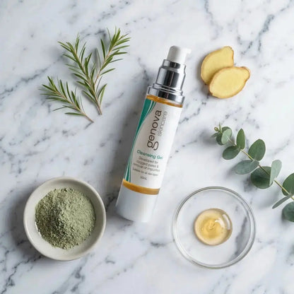 Genova Skincare Cleansing Gel flat lay with natural ingredients including ginger eucalyptus rosemary and green clay on marble surface