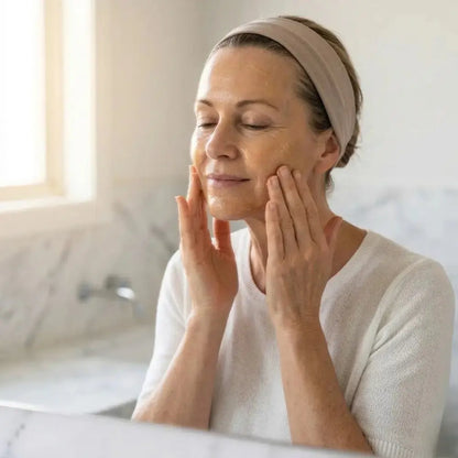 Mature woman applying Genova Skincare Cleansing Gel to face during evening skincare routine in bathroom