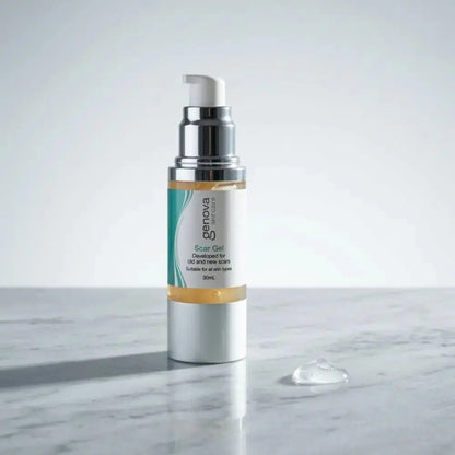 Genova Silicone Scar Gel 30ml pump bottle on marble surface, Australian silicone gel for old and new scars