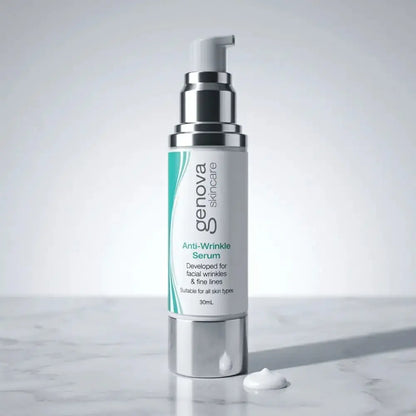 Genova Anti-Wrinkle Serum 50ml pump bottle on marble surface, peptide serum for facial wrinkles and fine lines on menopausal skin