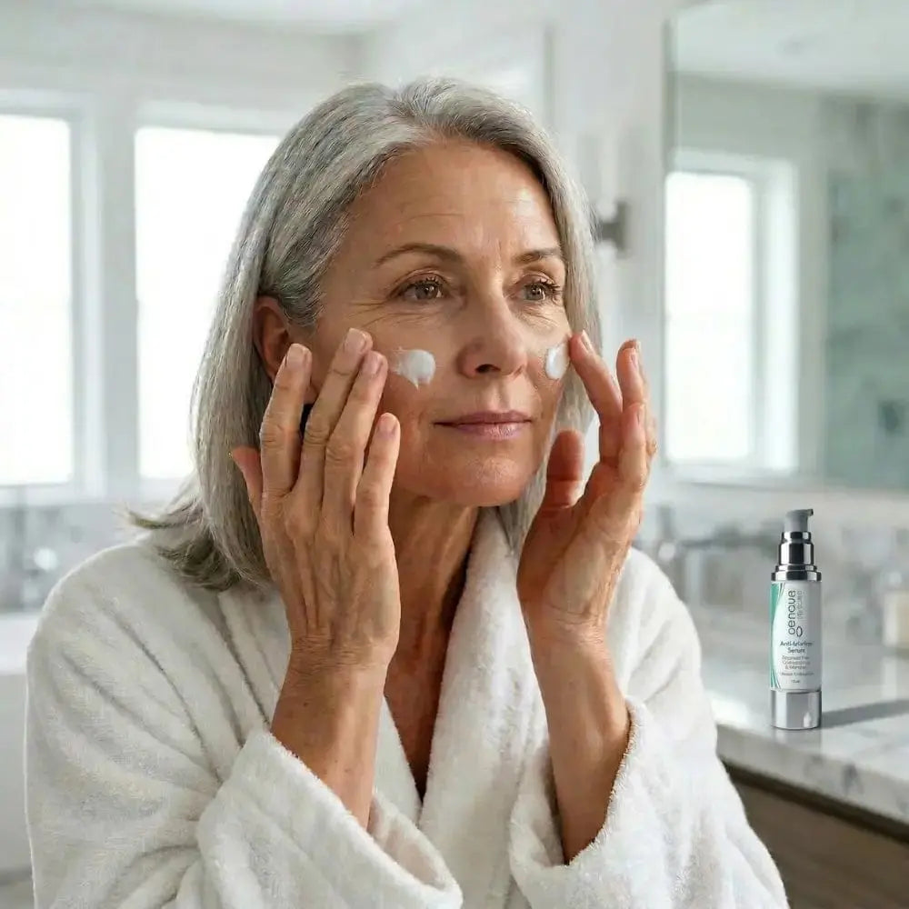 Woman in her 60s applying Genova Anti-Wrinkle Serum to her face as part of a daily skincare routine for fine lines and wrinkles during menopause