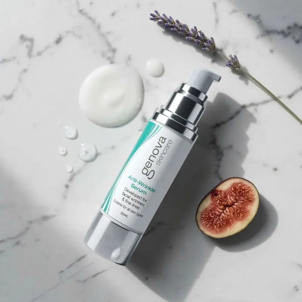 Genova Anti-Wrinkle Serum 50ml flat lay on marble with lavender and fig, Australian peptide serum for fine lines and expression wrinkles