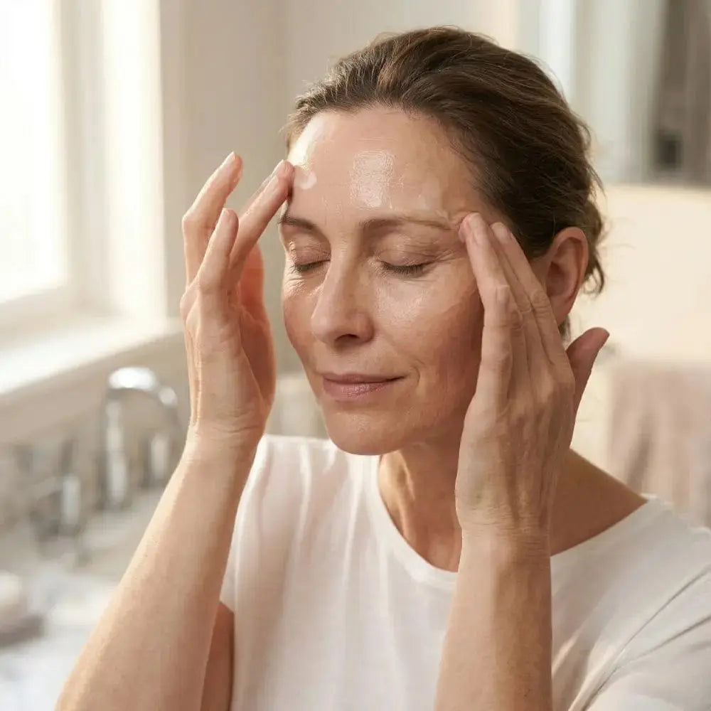 Woman in her 50s applying Genova Anti-Wrinkle Serum to the forehead and temples, targeting forehead lines and frown wrinkles during perimenopause