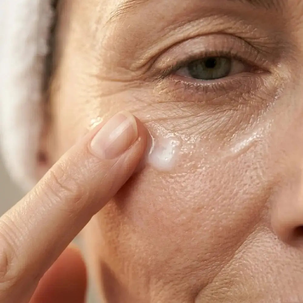 Applying Genova Anti-Wrinkle Serum around the eye area on mature skin with visible crow's feet and fine lines
