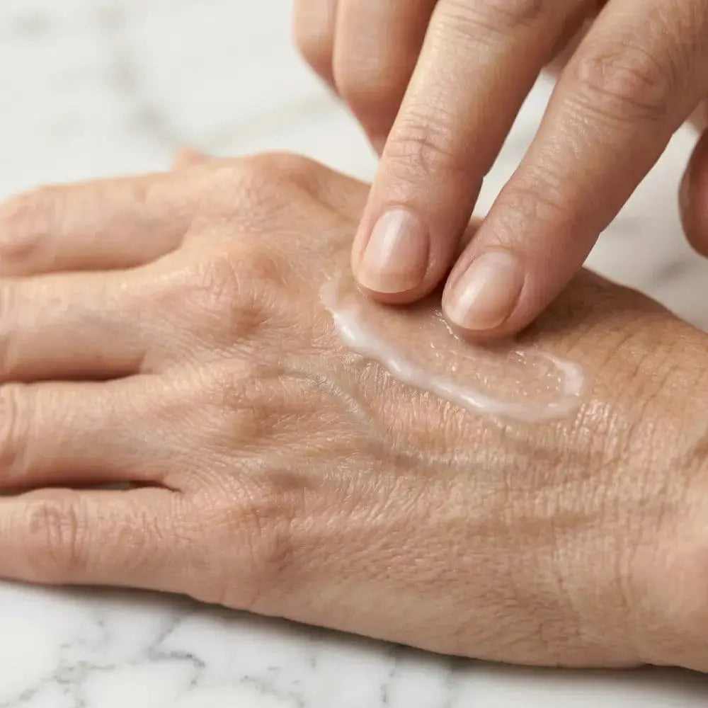 Applying Genova Anti-Wrinkle Serum to mature skin showing lightweight serum texture, SNAP-8 peptide formula for fine lines and wrinkles