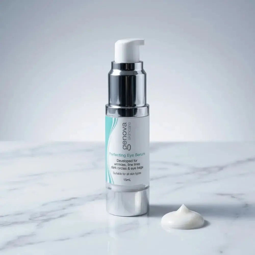 Genova Perfecting Eye Serum 15ml pump bottle on marble surface, peptide eye serum for wrinkles, dark circles and eye bags during menopause