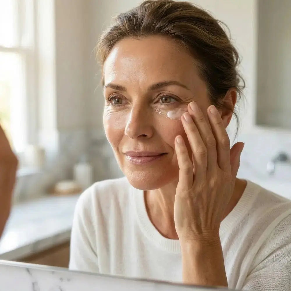 Woman in her 50s gently applying Genova Perfecting Eye Serum under the eye, daily eye care routine for dark circles and puffiness during menopause