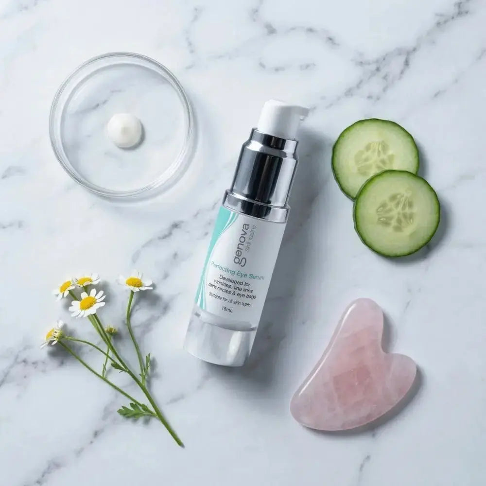 Genova Perfecting Eye Serum 15ml flat lay on marble with cucumber, chamomile and gua sha stone, Australian eye serum for dark circles and puffiness
