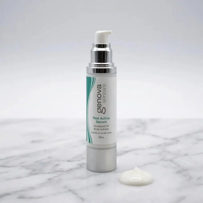 Genova Red Active Serum 50ml pump bottle on marble surface with serum texture swatch, Australian serum formulated for facial redness and sensitive skin