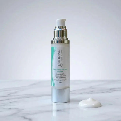 Genova Skin Brightening Serum 50ml pump bottle on marble surface with serum texture swatch, Australian brightening serum for uneven skin tone and dull menopausal skin