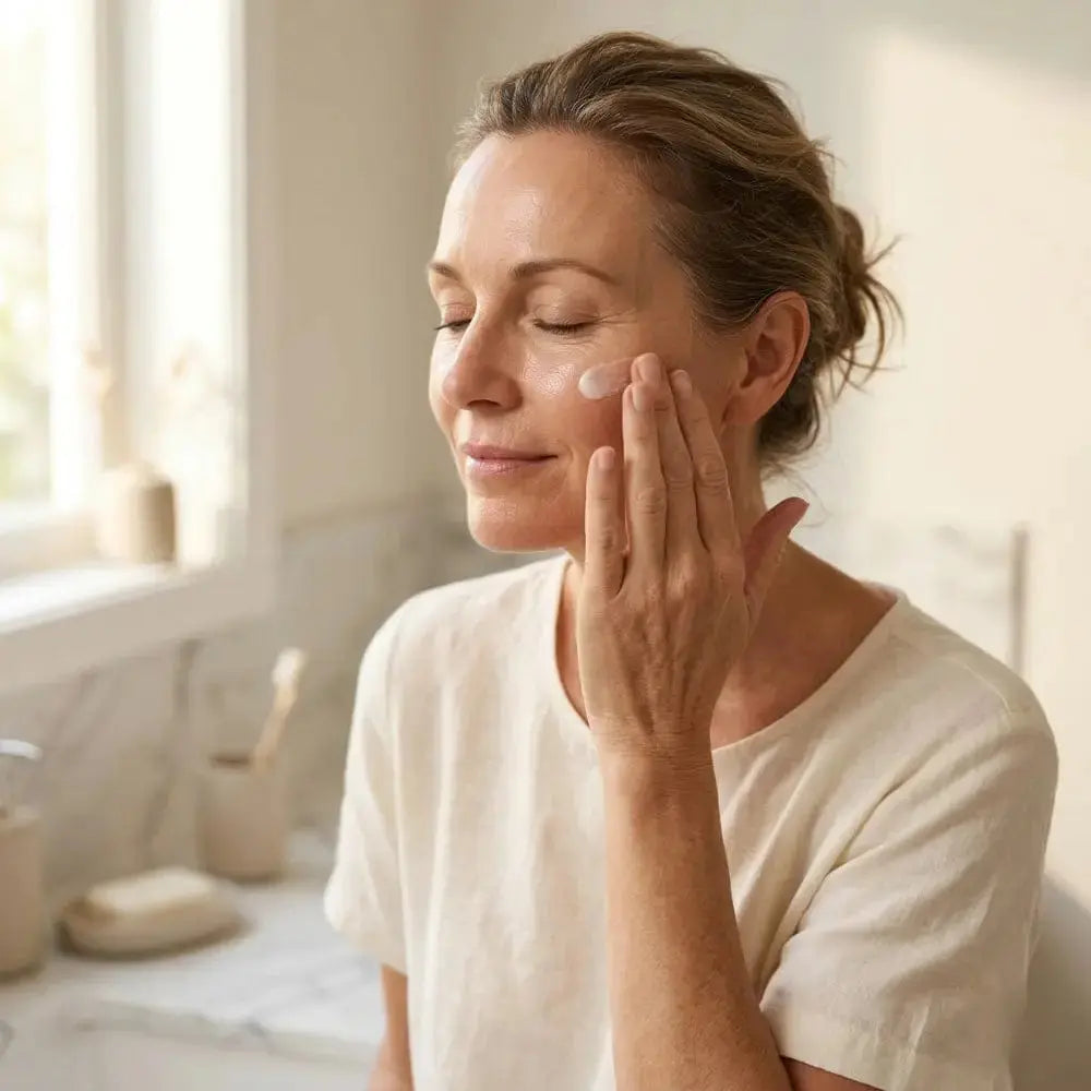 Woman in her 50s applying Genova Skin Brightening Serum to her cheek, showing daily skincare routine for brighter more even complexion on menopausal skin