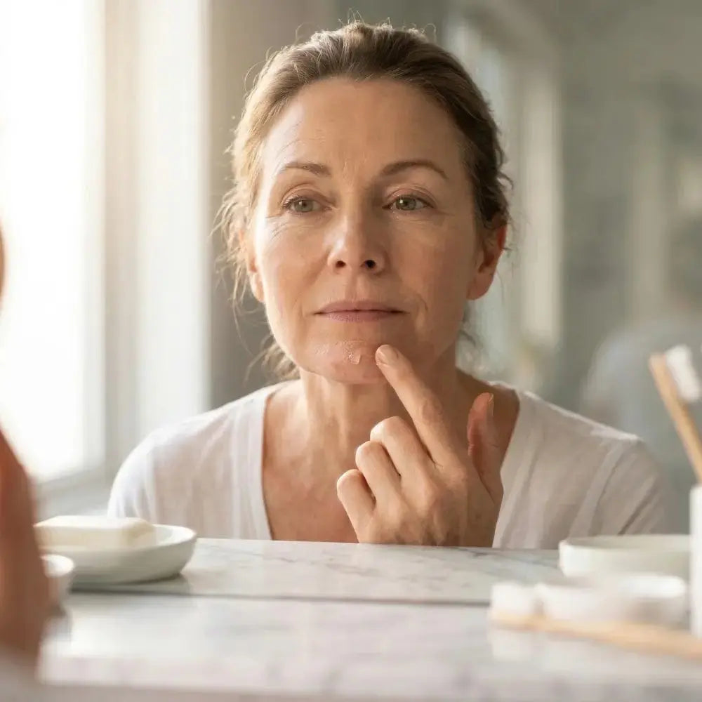Mature woman applying spot gel to chin blemish at bathroom vanity as part of targeted acne spot treatment routine