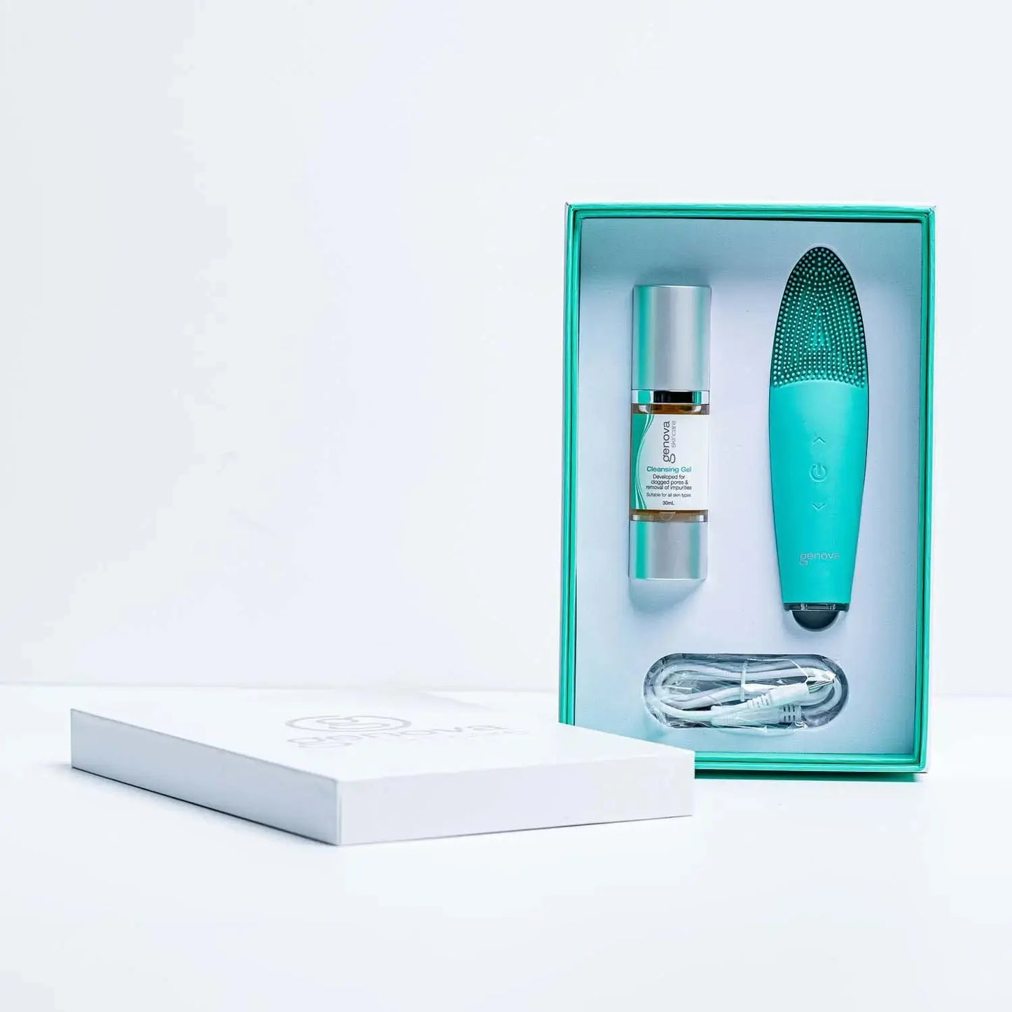 Genova T-Zone Silicone Cleanser gift box set with device Cleansing Gel and USB charger in teal presentation packaging