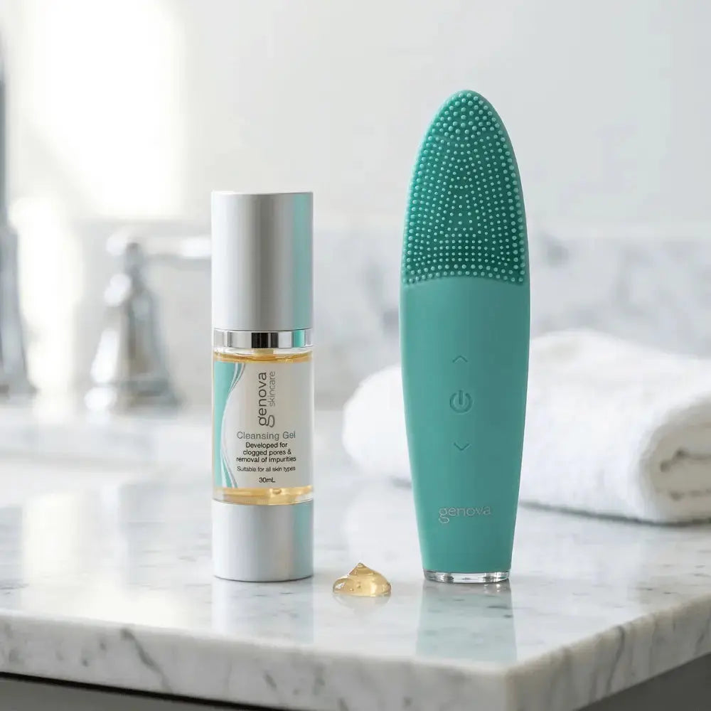Genova T-Zone Silicone Cleanser with Cleansing Gel on marble in bathroom