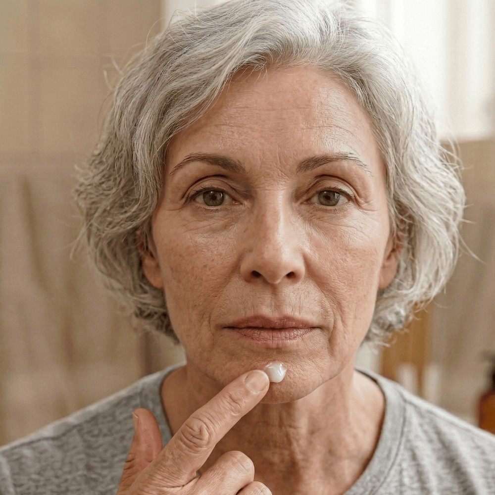 Mature woman with silver hair applying spot gel treatment to chin blemish area showing targeted application for acne prone menopausal skin