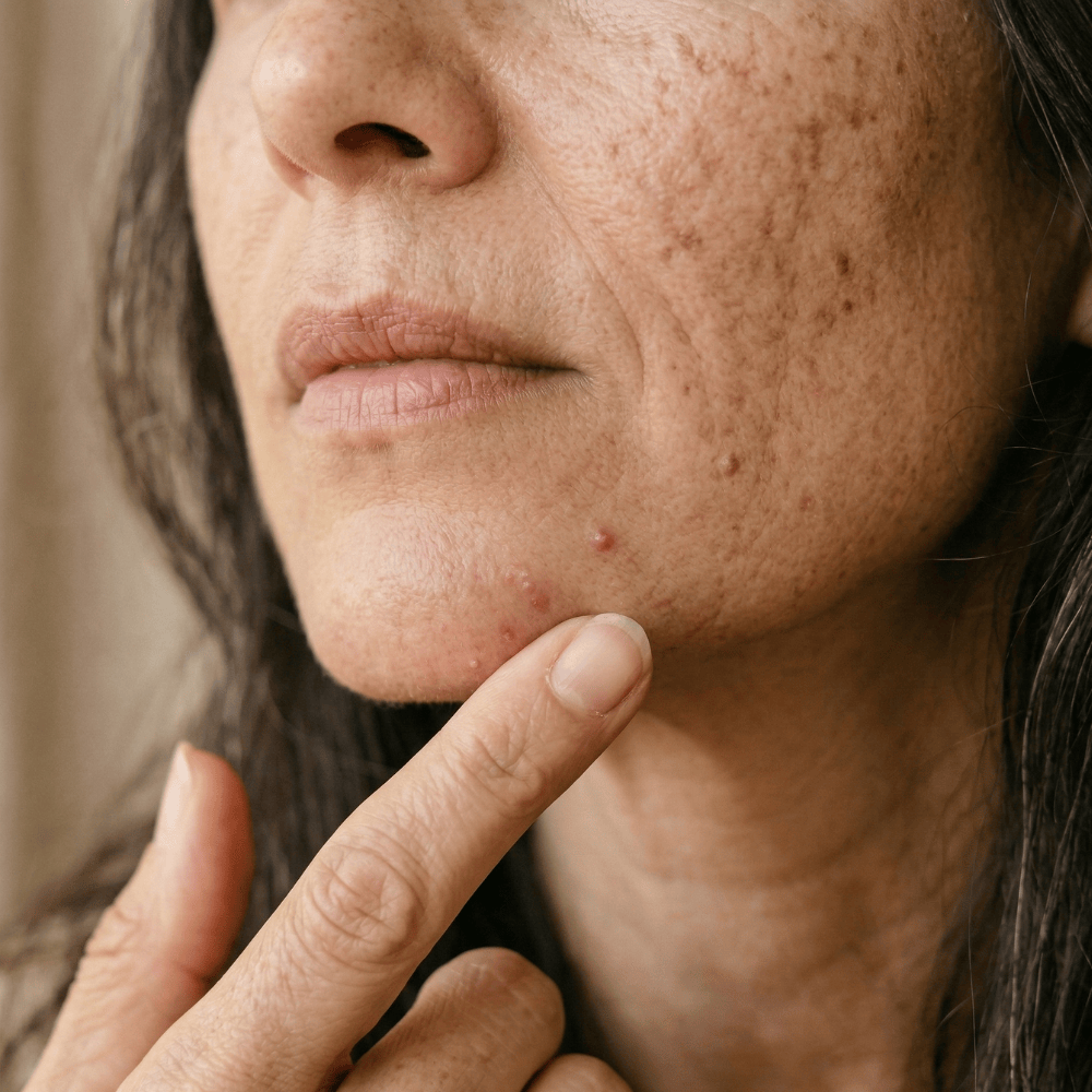 Close up of woman pointing to active acne spots and pigmentation on chin and cheek showing where targeted spot gel treatment is needed